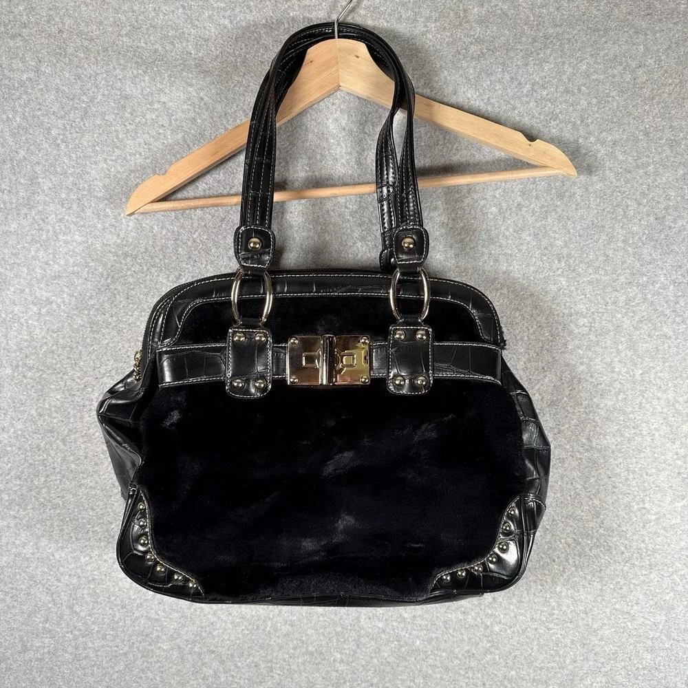 Kathy Van Zeeland Black Satchel Top Handle Zip Studded Bag Charm